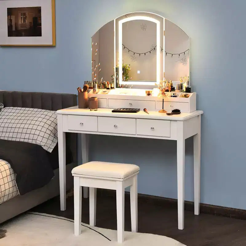 Vanity Table Stool Large Tri-folding Lighted Mirror 6 Drawer Dresser White/Black
