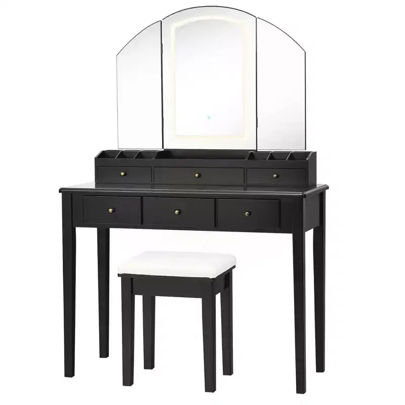 Vanity Table Stool Large Tri-folding Lighted Mirror 6 Drawer Dresser White/Black