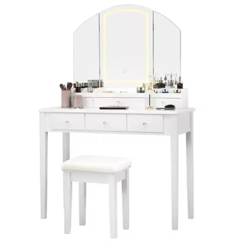 Vanity Table Stool Large Tri-folding Lighted Mirror 6 Drawer Dresser White/Black