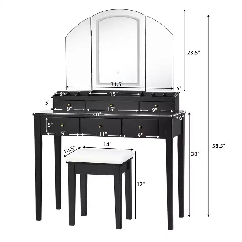 Vanity Table Stool Large Tri-folding Lighted Mirror 6 Drawer Dresser White/Black