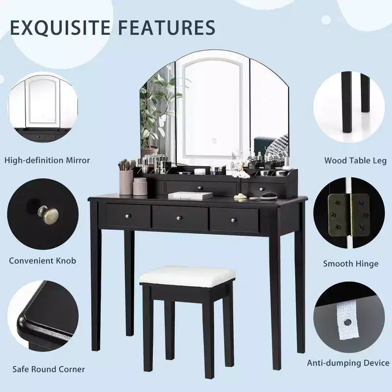 Vanity Table Stool Large Tri-folding Lighted Mirror 6 Drawer Dresser White/Black