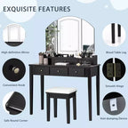 Vanity Table Stool Large Tri-folding Lighted Mirror 6 Drawer Dresser White/Black