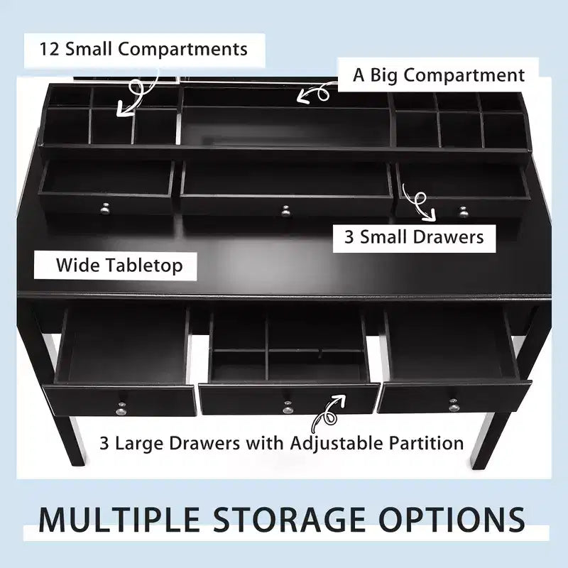 Vanity Table Stool Large Tri-folding Lighted Mirror 6 Drawer Dresser White/Black