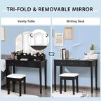 Vanity Table Stool Large Tri-folding Lighted Mirror 6 Drawer Dresser White/Black