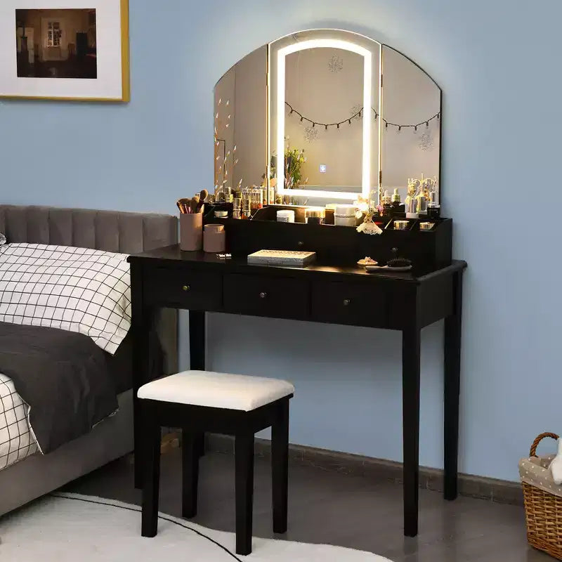 Vanity Table Stool Large Tri-folding Lighted Mirror 6 Drawer Dresser White/Black