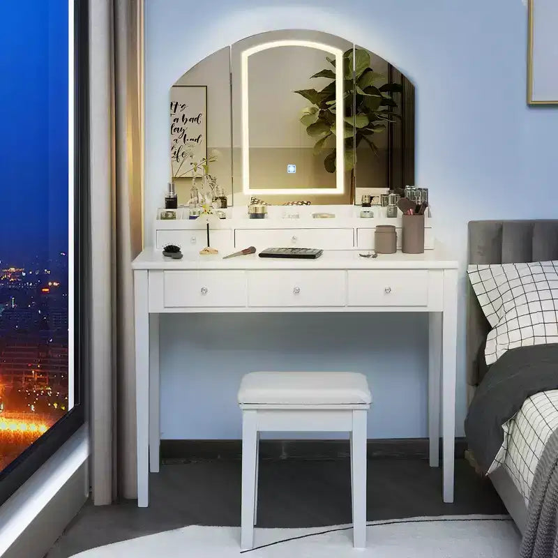 Vanity Table Stool Large Tri-folding Lighted Mirror 6 Drawer Dresser White/Black