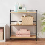 Folding 3 Shelf Black Metal with Natural Wood Shelves