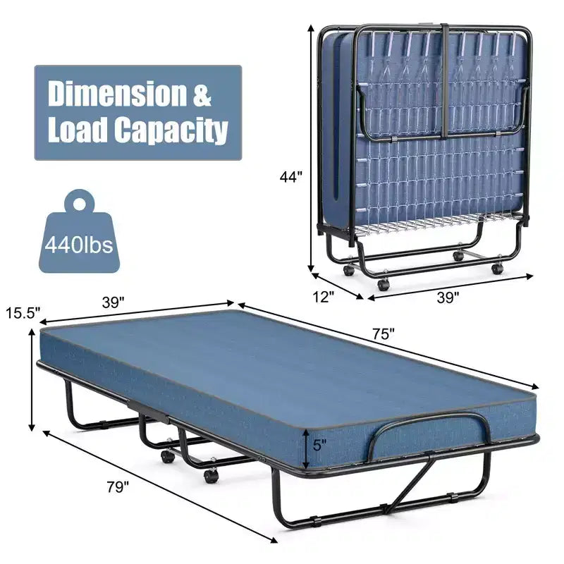 Folding Bed with Memory Foam Mattress Portable Rollaway Guest Cot Memory Foam Navy Made in Ital