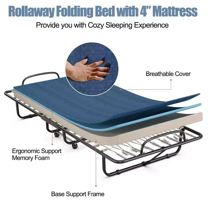 Folding Bed with Memory Foam Mattress Portable Rollaway Guest Cot Memory Foam Navy Made in Ital