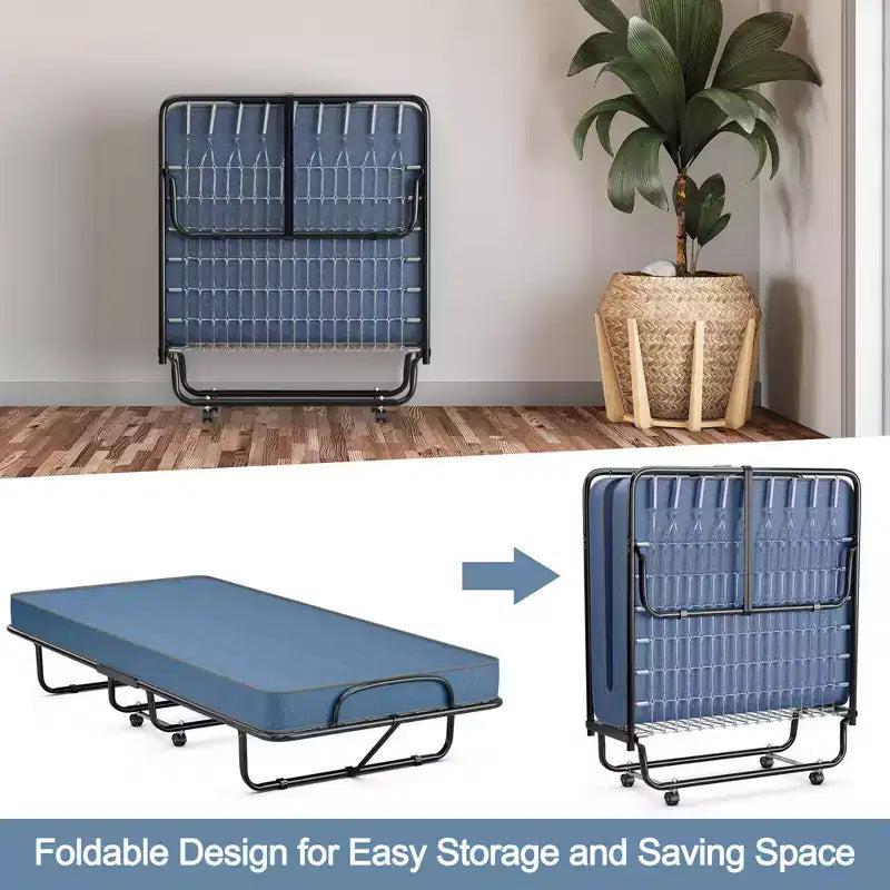 Folding Bed with Memory Foam Mattress Portable Rollaway Guest Cot Memory Foam Navy Made in Ital