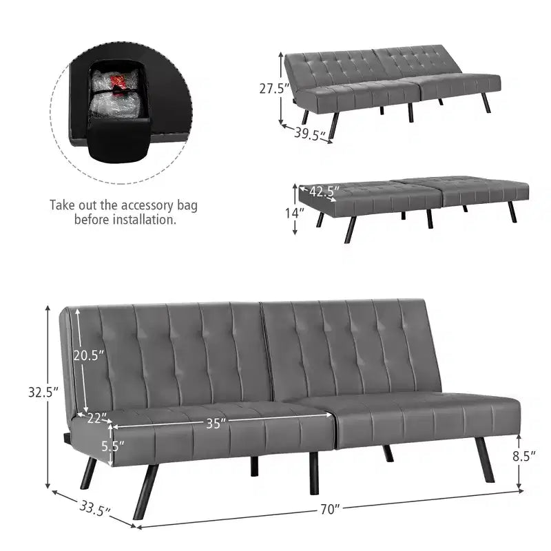Futon Sofa BedPU Leather Convertible Folding Couch Sleeper Lounge White/Black/Grey