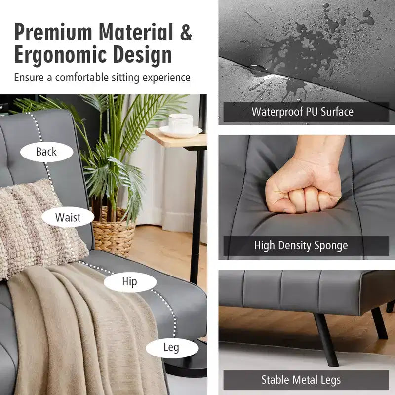Futon Sofa BedPU Leather Convertible Folding Couch Sleeper Lounge White/Black/Grey