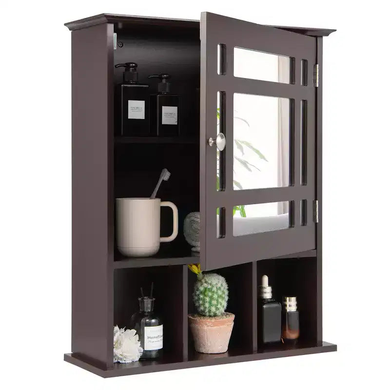 Mirrored Medicine Cabinet Bathroom Wall Mounted Storage W/ Adjustable Shelf Grey/Brown