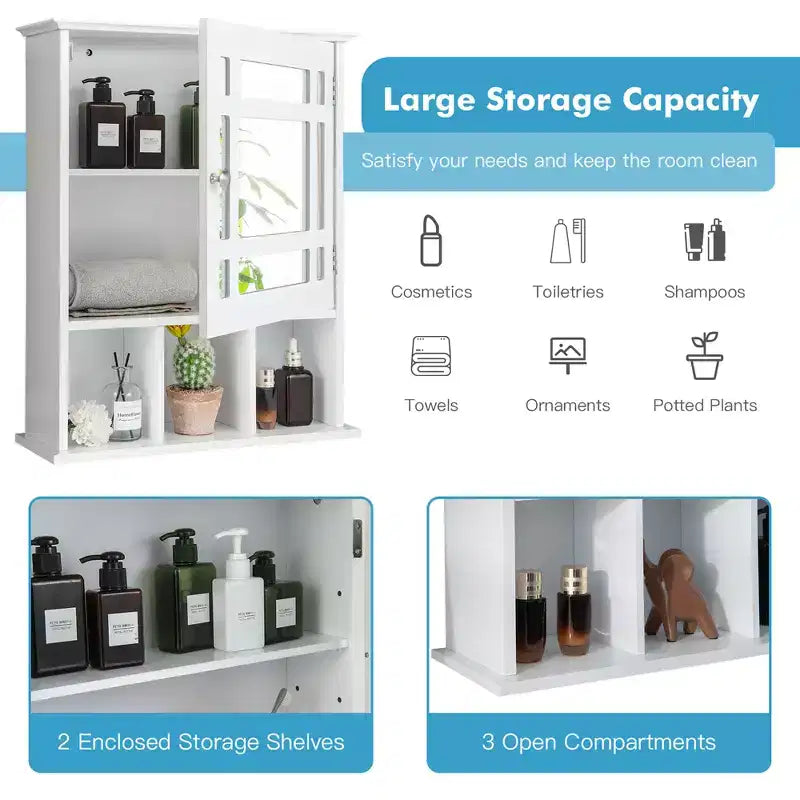 Mirrored Medicine Cabinet Bathroom Wall Mounted Storage W/ Adjustable Shelf Grey/Brown