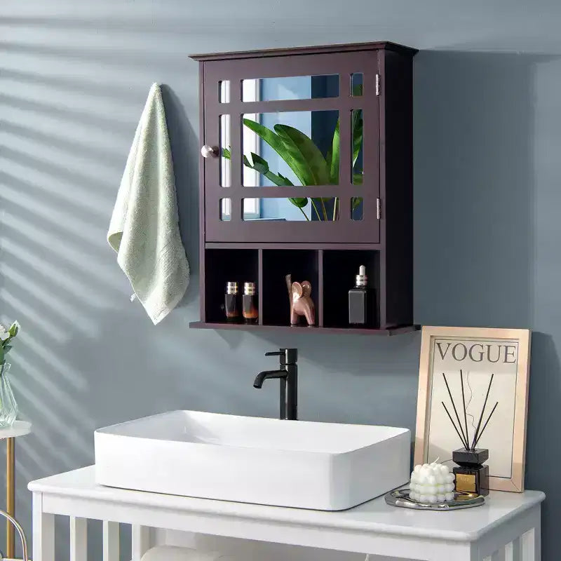 Mirrored Medicine Cabinet Bathroom Wall Mounted Storage W/ Adjustable Shelf Grey/Brown
