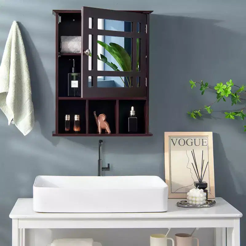Mirrored Medicine Cabinet Bathroom Wall Mounted Storage W/ Adjustable Shelf Grey/Brown