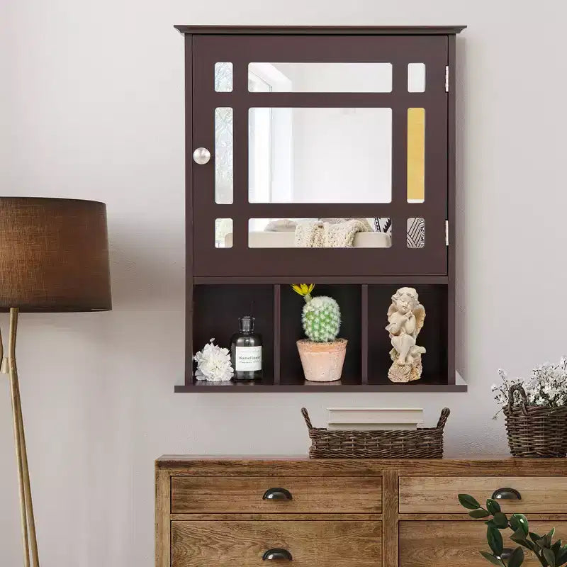 Mirrored Medicine Cabinet Bathroom Wall Mounted Storage W/ Adjustable Shelf Grey/Brown