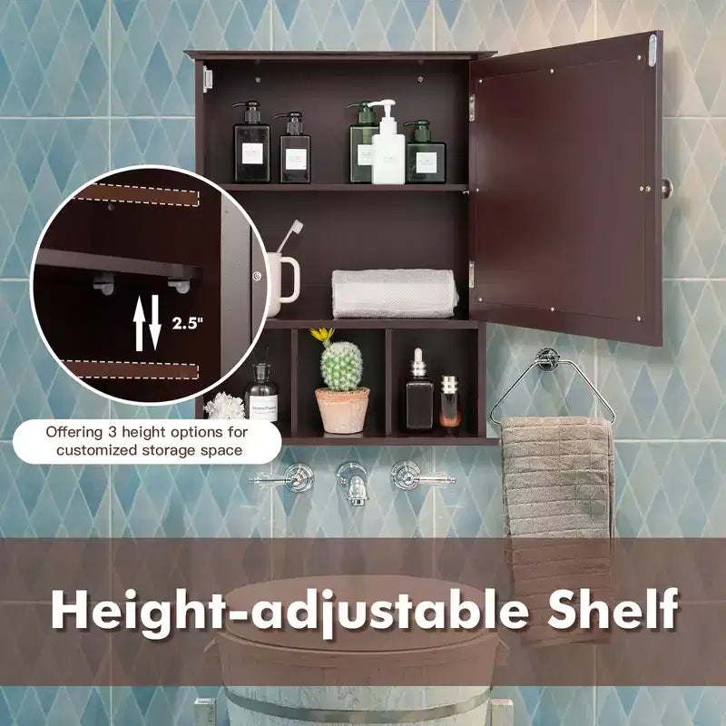 Mirrored Medicine Cabinet Bathroom Wall Mounted Storage W/ Adjustable Shelf Grey/Brown