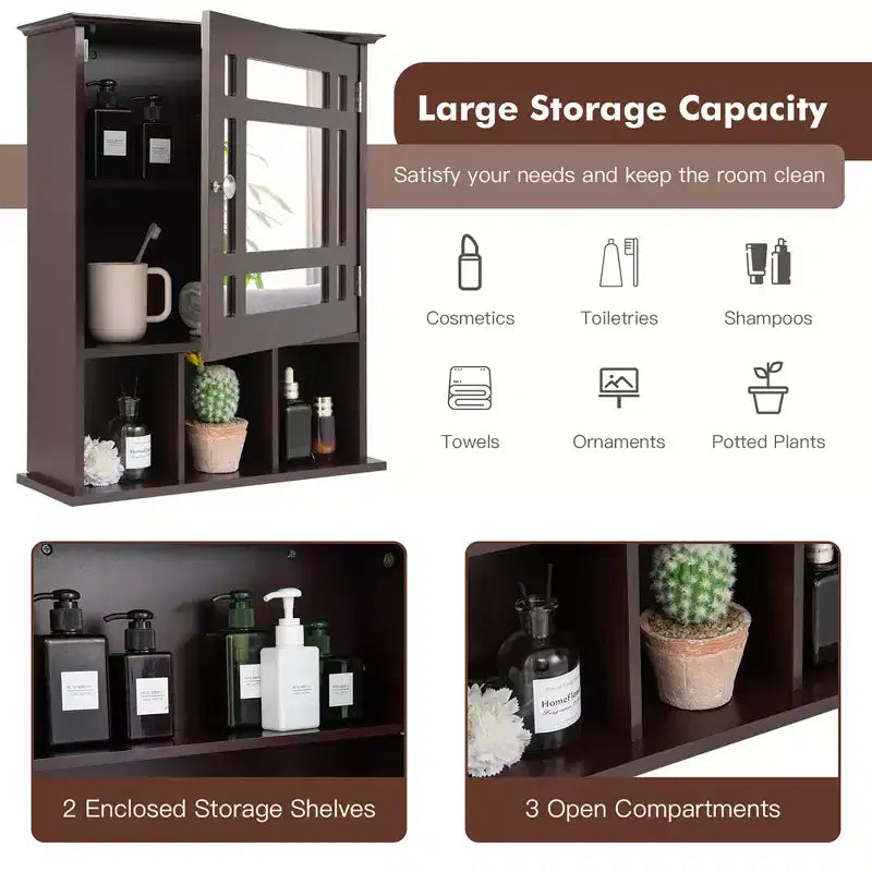 Mirrored Medicine Cabinet Bathroom Wall Mounted Storage W/ Adjustable Shelf Grey/Brown