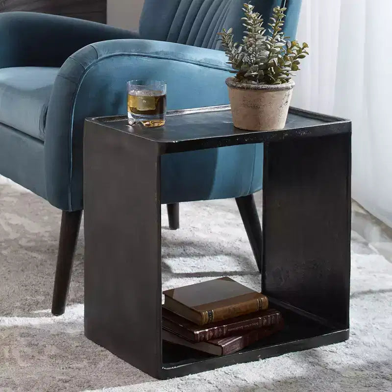 Industrial Antique Nickel Accent Side End Table 20 x 12 with Storage Black Living Room Bedroom Bedside Entryway House